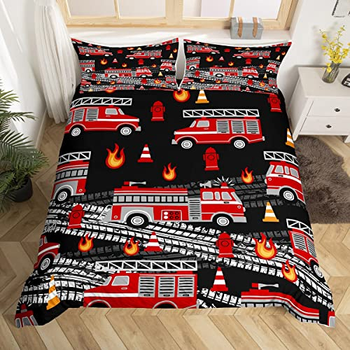 Cartoon Feuerwehrwagen Tröster Abdeckung Feuerwehrmann Auto Fahrzeug Bett Set,Rote Fighfighter Motor Bettbezug 135x200 Weiß Grau Schwarze Track Bettwäsche Abdeckung Kinder Luxus Schlafzimmer Dekor