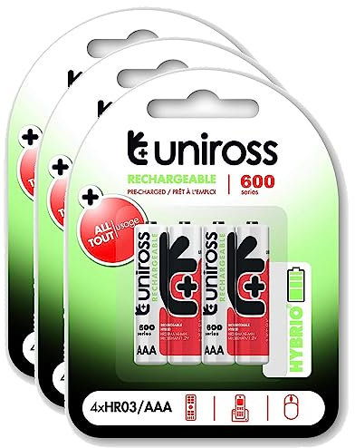 Uniross Pack of 3 x 4 Rechargeable Batteries AAA/HR03 600 NIMH HYBRIO, 1.2 V