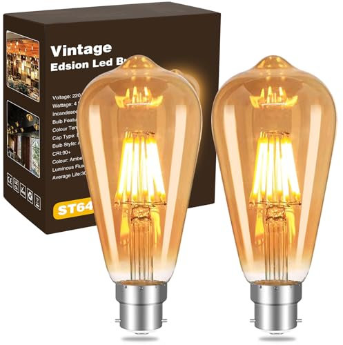 YOUDIAN Vintage Bayonet LED Light Bulb 4W,40 Watt Equivalent,B22 ST64 2700K Warm White Bulb,Antique/Retro Amber Glass Lamp,Not-dimmable,Bayonet LED Filament Lamp Squirrel Cage,400LM, 2 Pcs