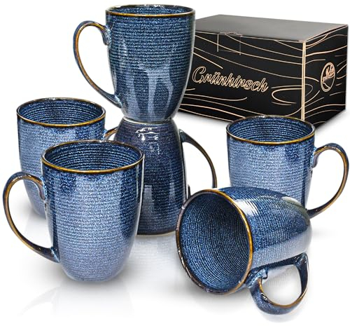 Grünhirsch® Premium Kaffeetassen 6er Set mit Henkel aus Keramik (blau) - Tassen Set für Tee & Kaffee [6 x 380ml] - Teetasse & Cappuccino-Tasse groß - Kaffee-Tassen & Becher - Coffee Cups dickwandig