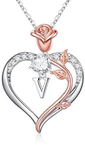 TINGN Heart Initial Necklaces for Women Teen Girls, Dainty Rose Love Heart Pendant Initial V Letter Necklace Jewelry Anniversary Mothers Day Gifts for Her Women Teens Wife Girlfriend Mom