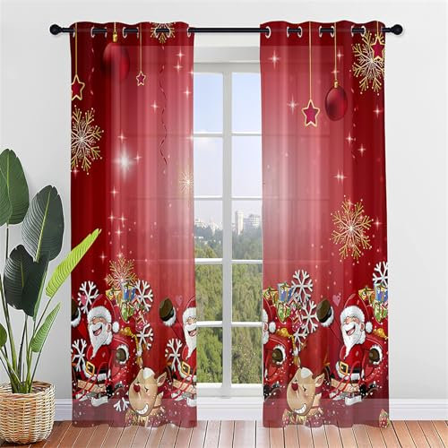 Hiseng Weihnachten Voile Vorhänge mit Ösen Durchsichtig Halbtransparent Ösenvorhang für Fenster Wohnzimmer Schlafzimmer Elegant Rot Transparent Gardine 2er Set (107x244cm,Leuchtenden)