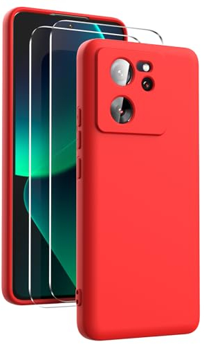 Ikziwreo - Hülle für Xiaomi 13T/Xiaomi 13T Pro Handyhülle, mit 2 Stück Displayschutzfolien, Reiner Farbe Ultradünne Weich Silikonhülle, Stoßfeste Anti-Scratch Gummi Schutzhülle - Rot