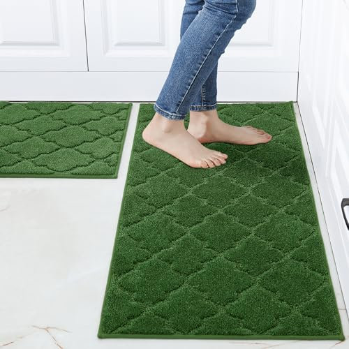 COSY HOMMER Nonslip Kitchen Rug Set 2 Pack, 51x76cm+51x122cm, 100% Polyester Absorbent Soft Kitchen Floor Mats Carpet Rug Mat Runners,Machine Washable & Anti-skid TPR Backing, Green