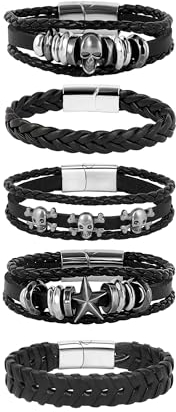 Manfnee Leder armband für Herren Damen Herrenarmband Leder Geflochtene Armbänder Punk Totenkopf armband