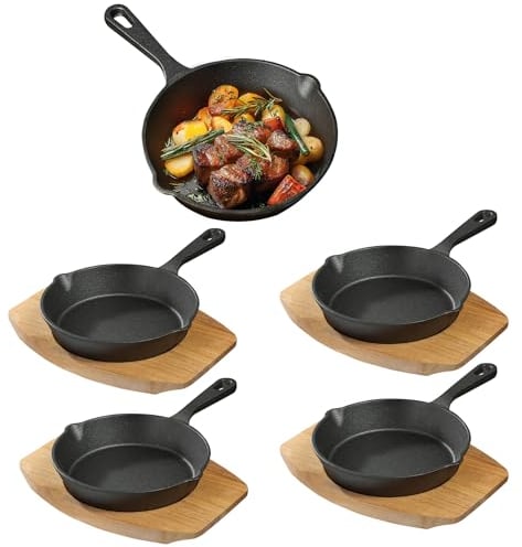 Navaris Cast Iron Skillet With Wooden Base (Set of 4) - Cast Iron Frying Pan Small Skillet With Protective Wood Base - Heavy Duty Metal Skillet Pans - 6 (15cm)
