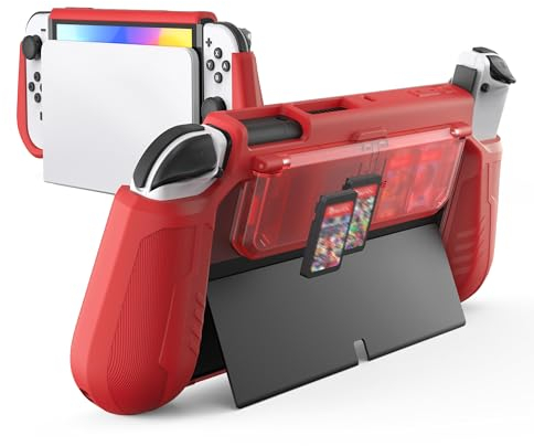 KIWIHOME Funda Acoplable Compatible con Nintendo Switch OLED Modelo 2021, con Soporte para Tarjetas de Juego con Diseño Abatible, Carcasa de Agarre de TPU para Consola Switch OLED y Joy-Cons, Rojo