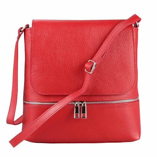 OBC Made in Italy Damen Leder Tasche Messenger Crossbody Handtasche Schultertasche Crossover Umhängetasche Shopper Damentasche Überschlagtasche Tablettasche bis ca. 7-9 Zoll Rot