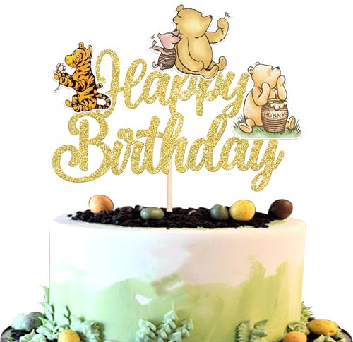 SYKYCTCY 1 Pack Winnie Happy Birthday Cake Topper Classic Birthday Cake Pick Cute Winnie Bear Cake Decorations for Animal Theme Baby Shower Bridal Shower Kids Birthday Party Supplies Gold