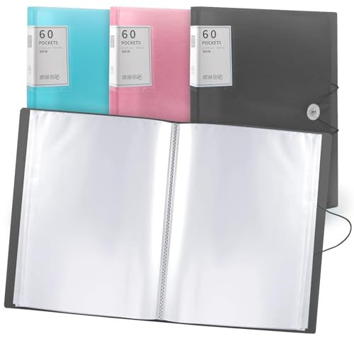 Porte-Vues A4, 60 Poches, Pochettes En Plastique Et Corde De Sécurité, Dossiers De Présentation, Dossiers De Projet, Pour l'école Et Le Bureau (Noir)