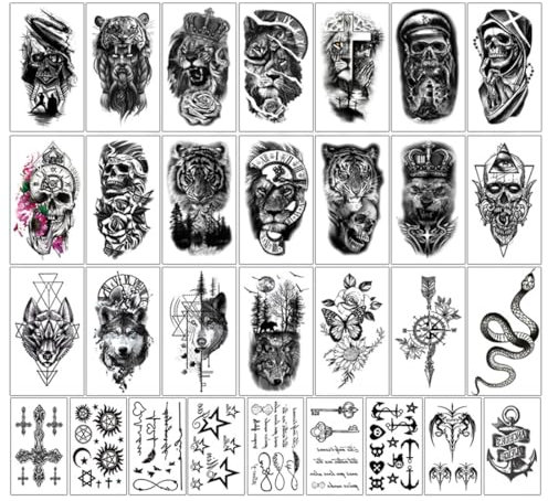 30 Feuilles Tatouage Ephemere Homme Femme, Tatouage Temporaire, Imperméable Faux Tatouage Autocollant, Autocollants 3D Réalistes de Tatouage d'animal, Tatouage Temporaire pour Corps Bras Poitrine