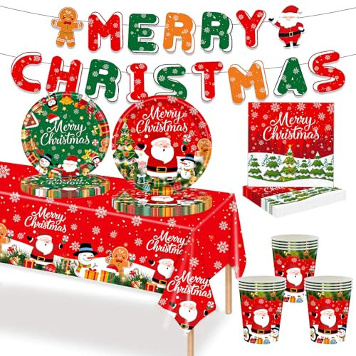 MORAINJAY 70 pezzi set di stoviglie per feste di Natale in carta,Decorazione da tavola natalizia con striscioni, piatti di carta e tovaglioli per la vigilia di Natale, bomboniere per feste a casa