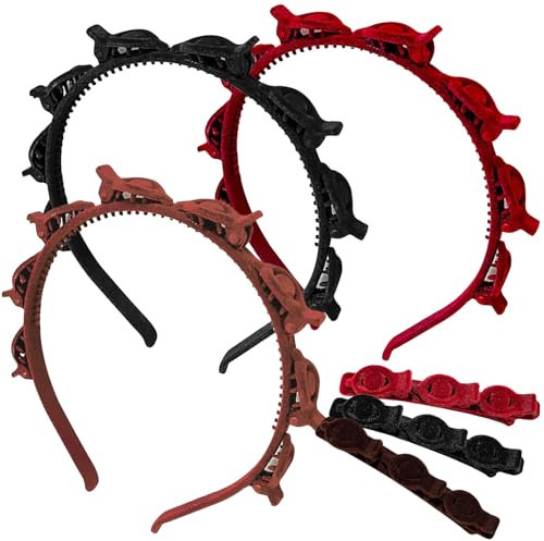 GmwyCzV 6 Piezas Horquilla de Doble Flequillo, 2 Estilos Diademas Tejidas Huecas Multicapa Portátiles, Diadema Trenzada Antideslizante con Clips, para Adultos, Niñas y Mujeres (Borgoña, Negro, Marrón)