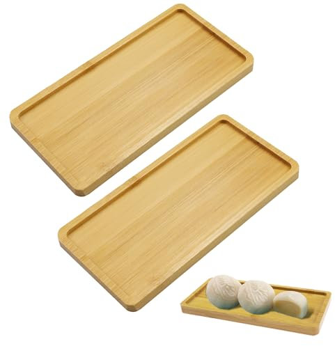 KiKiHong 2er-Set Rechteckige Bambus Tabletts Teetablett Klein Servierbrett für Sushi,Kaffee,Kuchen & Snacks | Robustes Holztablett als Untersetzer oder Deko(17,5 x 8,8 cm)