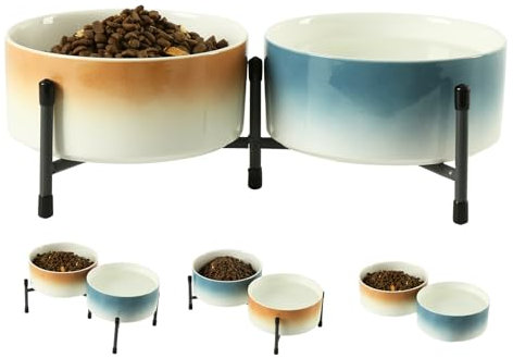 OMAYKEY 32 oz Ceramic Dog Cat Bowl Set of 2 with Elevated Metal Stand - 6 Inch Ceramic Round Pet Food and Water Feeder Bowl Dish for Cats & Dogs - Blue & Brown