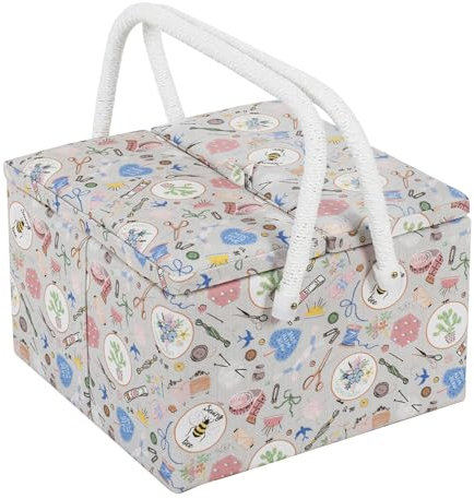 Hobby Gift Exclusive Große Bastel Aufbewahrungsbox für Näharbeiten mit zwei Deckeln, Zubehörablage, Nadelkissen, Taschen, PVC-Griffe, 25 x 25 x 17 cm, Haby Notions