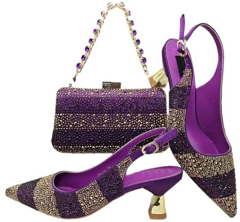 Pompe a punta in raso e pochette, Set viola., 43.5 EU