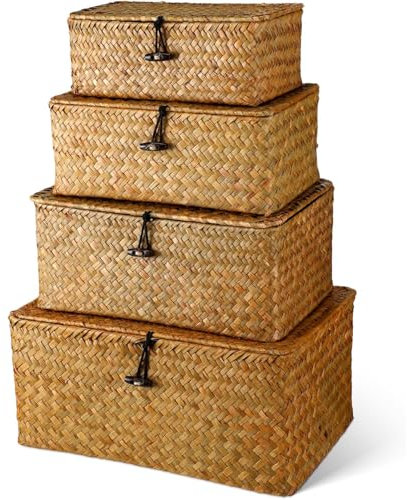 4 Stück Aufbewahrungskorb mit Deckel, Korb Geflochten mit Deckel, TOOSOAR Rechteckig Rattan Körbe zum Organisieren von Snackspielzeug