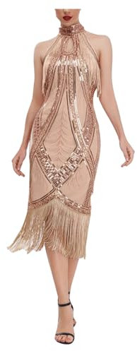 Duohropke Kleider für Damen Neckholder Paillette Kleider Voller Pailletten V-Ausschnitt Quasten Saum Cocktail Flapper Abschlussballkleid Party Kostüm