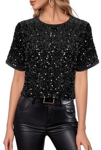 Segreto Damen Glitzer Pailletten Tops Short Sleeved Rundhals Locker Oberteil Glänzende Party Bluse T-Shirts Festliches Outfit, Schwarz Mesh Pailletten/XL