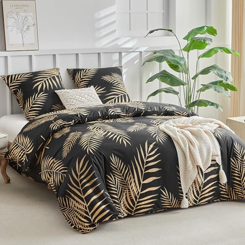 Lekesky Bettwäsche 220x240, 3teilig Bettwäsche Set 220 x 240 cm, Schwarzer Bettbezug mit Goldenem Tropical Palmenblatt-Muster, Mikrofaser mit Reißverschluss, 2 Kissenbezüge 80x80 cm