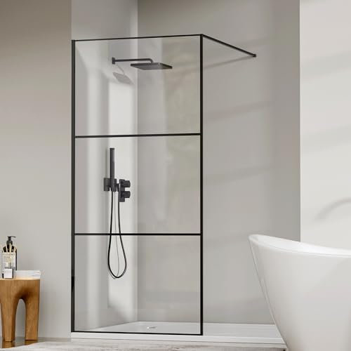 Findepot Fixed Shower Glass Panel 36 W × 75 H, 1/5(5mm) SGCC Clear Tempered Glass Shower Door, Framed Bathroom Shower Screen, Matte Black, Adjustable Support Bars & 3 Pieces Divided Pattern