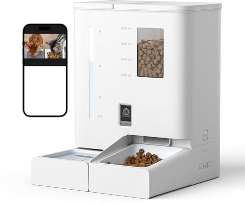 Tieker Automatic Cat Feeder with Camera,2-in-1 WiFi Smart Pet Feeder, 2K HD Video & Night Vision,Large Capacity Food & Water Dispenser for Cats Customisable Feeding Schedule, Dual Power Supply, White