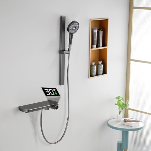 Badewannenarmatur mit Handbrause, Wannenarmatur à Affichage Numérique LED Duscharmatur mit Thermostat Wasserfall Wasserhahn Badewanne Höhenverstellbar Duschstange mit 4 Strahlarten Handbrause (Grau)
