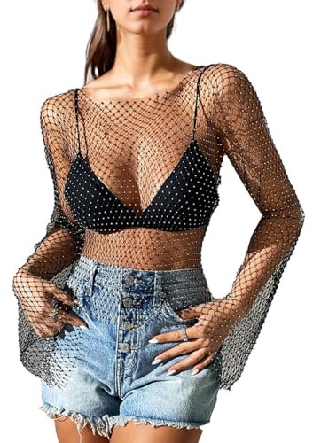 EMOTTOS Women's Sheer Fishnet Flared Sleeve Top, See-Through Polished Soft Fabric Transparent Mesh Tops Sparkling Rhinestones, Long Sleeve Glitter Party Blouse Ladies Summer Party Tops, Black, M