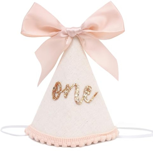 1st Birthday Hats, Glitter Number First Birthday Hat with Pink Bow for Baby Girl, Boho Infant Cone Cap for 1 Year Old Photoshoot & Celebration