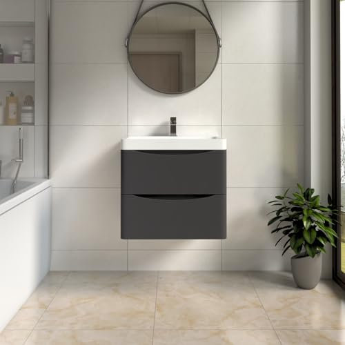 NRG 600mm Matt Anthracite 2 Drawer Wall Hung Bathroom Cabinet Vanity Sink Unit with Basin