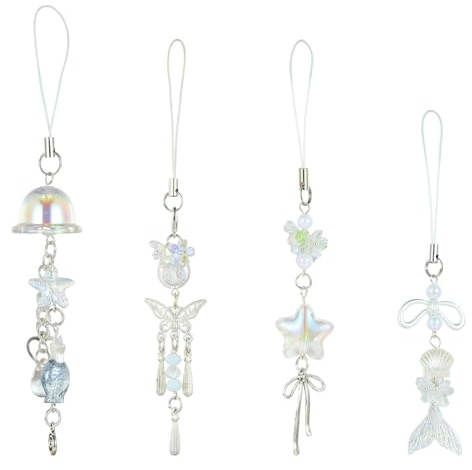 LEGENTLISUR 4Pcs 4 Styles Acrylic Phone Charms Cute Flower Star Fish Cell Phone Chain Strap Charms for Camera Bag Keychain Wallet Pendants Decor(Clear)