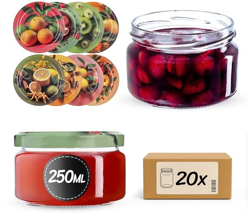 KADAX 20er Set Einmachgläser 250ml TO66 Exotische Fruchte, Marmeladengläser Vorratsgläser Mason Jar mit Schraubdeckel, Luftdicht & Spülmaschinenfest, Honig- & Dessertgläser