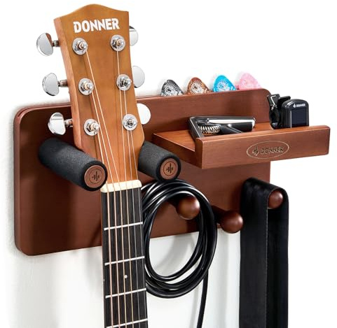 Donner Support Guitare Mural avec Porte-médiator et 3 Crochets, Porte Guitare Mural pour Guitar Acoustique, Electrique, Ukulélé, Basse