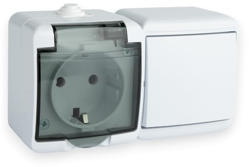 Presa 1 Presa con Coperchio Vetro Fumé e Interruttore Luce, 230V, 16A, IP44 | Interruttore a Bilanciere, Antipolvere