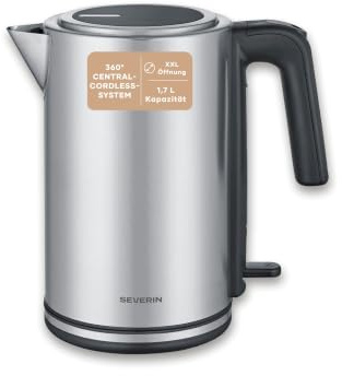 Severin Wasserkocher, Edelstahl, 1,7L, mit herausnehmbarem Kalkfilter, Leuchtanzeige, 360°-Basis, automatische Abschaltung, Wasserstandsanzeige, XXL-Öffnung, einfache Reinigung, 2400W, WK 3449