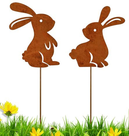 xuefenfei 2er Osterdeko für Draußen, Edelrost Oster Hase Gartenstecker Deko Rost, 25 x 10 cm Gartenstecker Rost Metall Hase Ostern Deko, für Winterdeko Outdoor Wetterfest