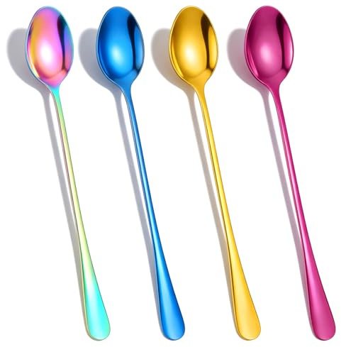 GEEHUA 4 Pcs Long Spoons for Stirring, 7.48 Inch Stainless Steel Long Handle Spoons for Ice Tea Coffee Milkshake Cocktail Ice Cream Sundae Cute Tea Spoon