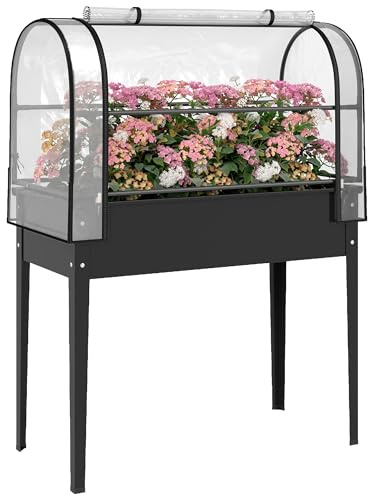 Outsunny Potager sur Pieds avec Serre Rabattable, Jardinière Surélevée en Métal avec Volume 97L, Trou de Drainage, pour Plantes Fleurs Légumes, 100 x 49 x 136 cm, Noir