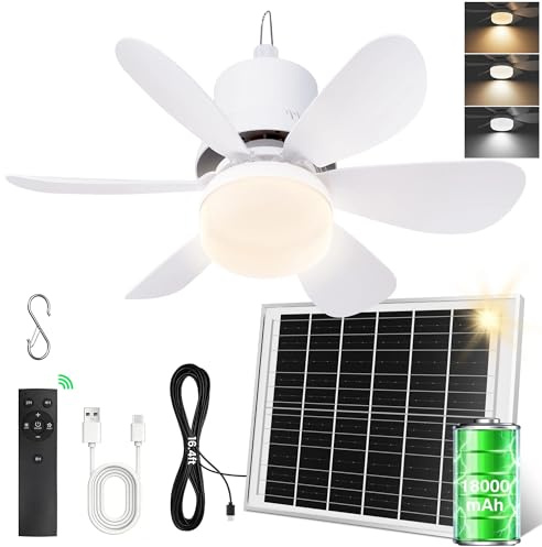 SCOPOW Solar Deckenventilator mit Beleuchtung, USB-aufladbarer Deckenventilator mit Timer, Kleiner Deckenventilator mit Batterie und Haken, Geeignet für Outdoor-Camping, Terrasse und Garage