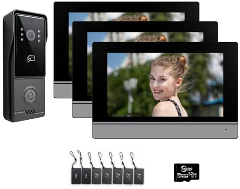 4-Draht-Video-Türsprechanlage für Einfamilienhäuser, Video-Türklingelkamera mit 7-Zoll-WLAN-Monitor, Zwei-Wege-Audio, einfache Installation, Nachtsichtgerät (1 Klingel + 3 Monitor schwarz)