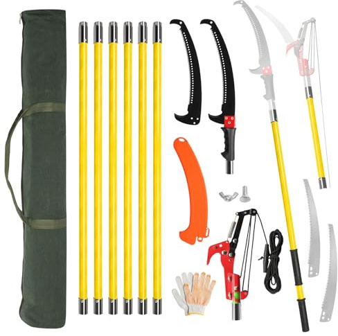 Outopee 26FT Telescopic Tree Pruner with Steel Blade and Shears, Yellow | 2 in 1 – Manual Pole Saw & Long Reach Pruning Saw, Extendable Branch Cutter for Garden, Oak, Palm Outdoor Use