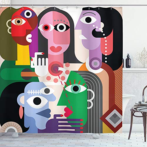 ABAKUHAUS Kunst Duschvorhang, Moderne Abstrakte Bunte Design, Stoffliches Gewebe Badezimmerdekorationsset mit Haken, 175 x 180 cm, Rosa Blau Grün