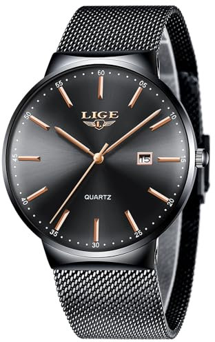 LIGE Montre Homme Noir, Montres Bracelet Analogique Quartz, Aiguilles Or Rose, Acier Inoxydable étanche 3ATM, Fonction Calendrier, Cadeau Luxe pour Homme, Business Mode Casual Match