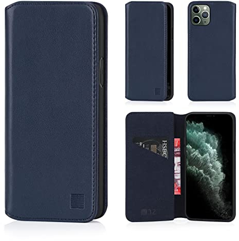 32nd Classic Series 2.0 - Real Leather Book Wallet Flip Case Cover For Apple iPhone 11 Pro Max (6.5), Real Leather Design With Card Slot, Magnetic Closure and Built In Stand - Navy Blue