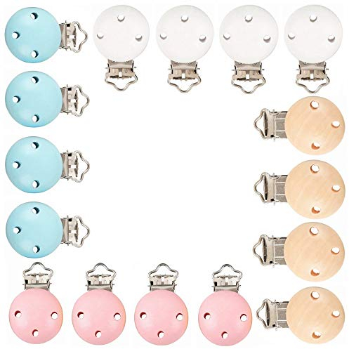 Kiwochy 16 Stücke Holz Schnuller Clip Natürliche Holz Schnullerketten Clips aus hochwertigem Holz Metall Holz Baby Schnuller Clips Säugling Schnuller Verschlüsse Halter Zubehör 1.77x1.18 Zoll 4 Farben