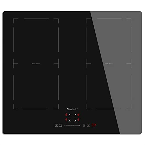 Induction Hob Flexi Zones, Electric Cooktop 60cm Built-in Hob with 4 Burners 2 Flex Zones for BBQ, Crystal Glass Panel 220~240V