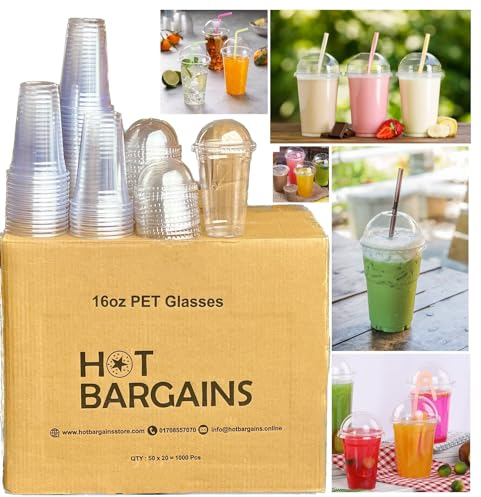 HOT BARGAINS Disposable Smoothie Cups with Dome Lids, Crystal Clear PET, 16oz/470ml, Pack of 100