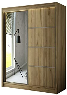 ALTDECOR Kleiderschrank mit Spiegel und Schiebetüren, kugelgelagerte Führungsschienen und Aluminium-Leisten, LED-Beleuchtung (weiß + 16 Farben) und Fernbedienung - PAOKI - 200 cm Eiche Craft