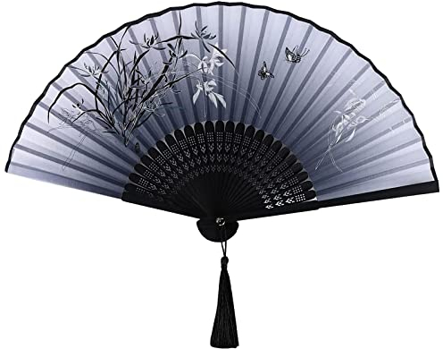 Yukiyi Handfächer für Damen, faltbar, Bambus-Fächer mit Quaste, Seidenstoff, Wanddekoration, Hochzeit, Party (Schwarz/Weiß)